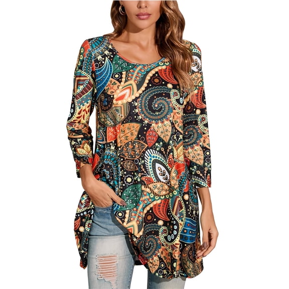 ENMAIN Women Top 3/4 Sleeve Plus Size Tunic Tops to Wear with Leggings Orange Swing Flare Dressy 2XL