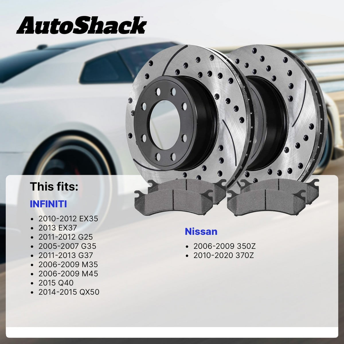AutoShack Front & Rear Brake Rotors & Ceramic Pads for INFINITI & Nissan, G37 2011-2013 G35 2005-2007 370Z 2010-2020 350Z 2006-2009, RWD AWD V6 3.5L 3.7L - E-Coated Drilled & Slotted - ShadowGuard