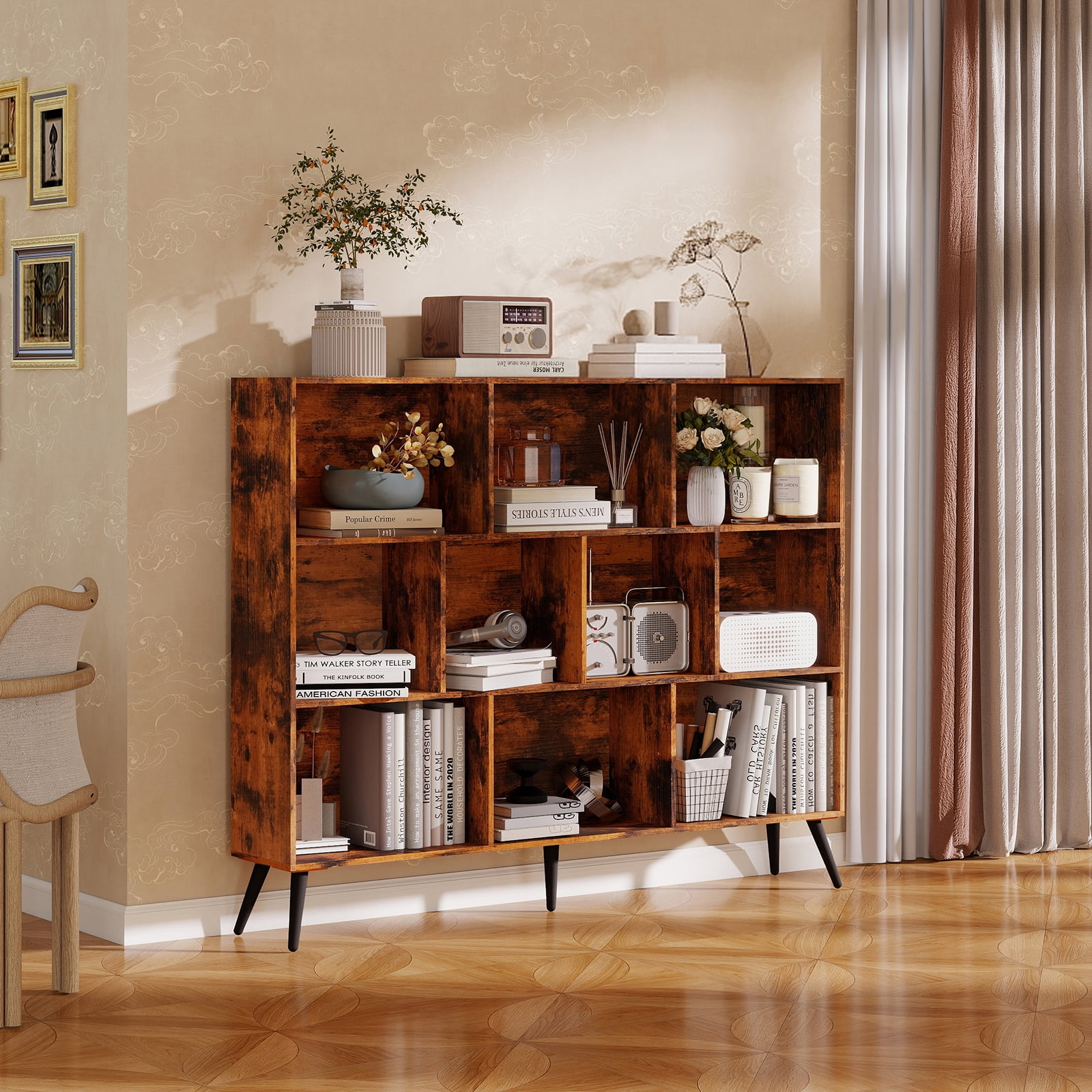 Wooden Cube Bookshelf,Mid-Century Modern 3-Tier Bookcase with Legs,Retro Wood Bookshelves Storage Organizer Shelf,Freestanding Open Book Shelves for Bedroom,Living Room,Office