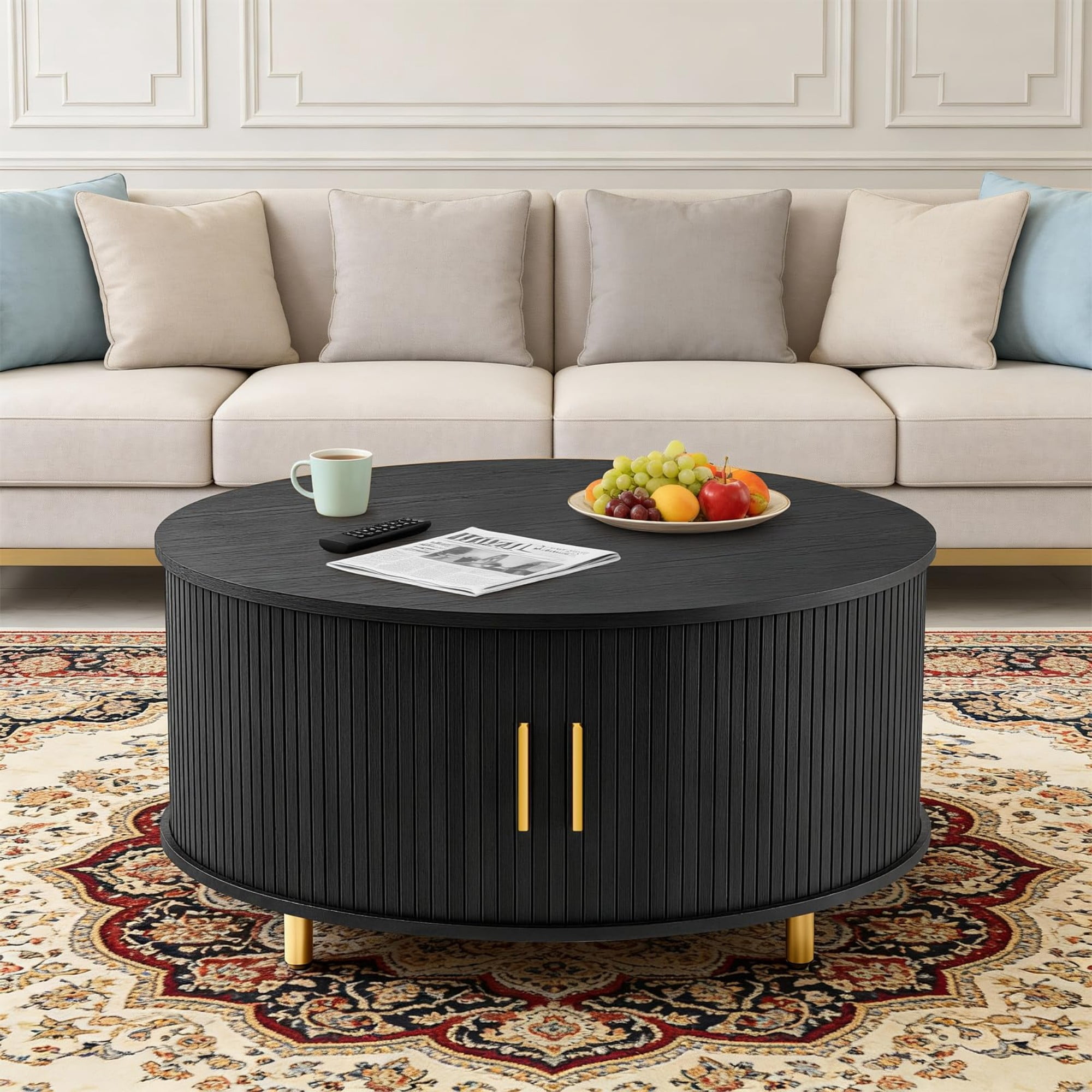 31.5" Round Coffee Table, Mid Century Modern Fluted Coffee Table with 360° Sliding Tambour Door & Storage, Black