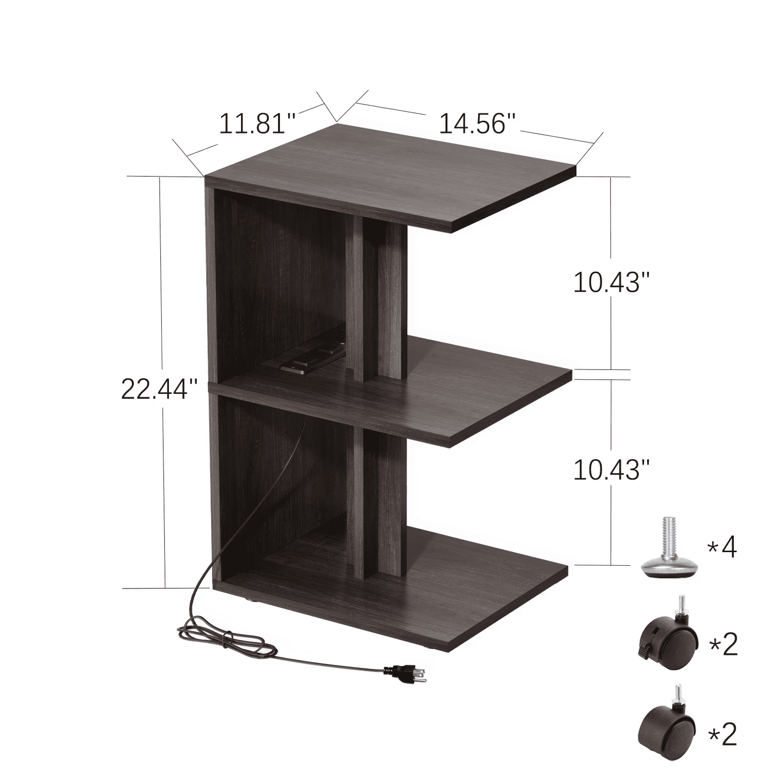 End Table with Charging Station 11.8x14.6x22.4 Inch 2 USB Ports 2 Outlets Mecanum Wheels for Living Room Bedroom