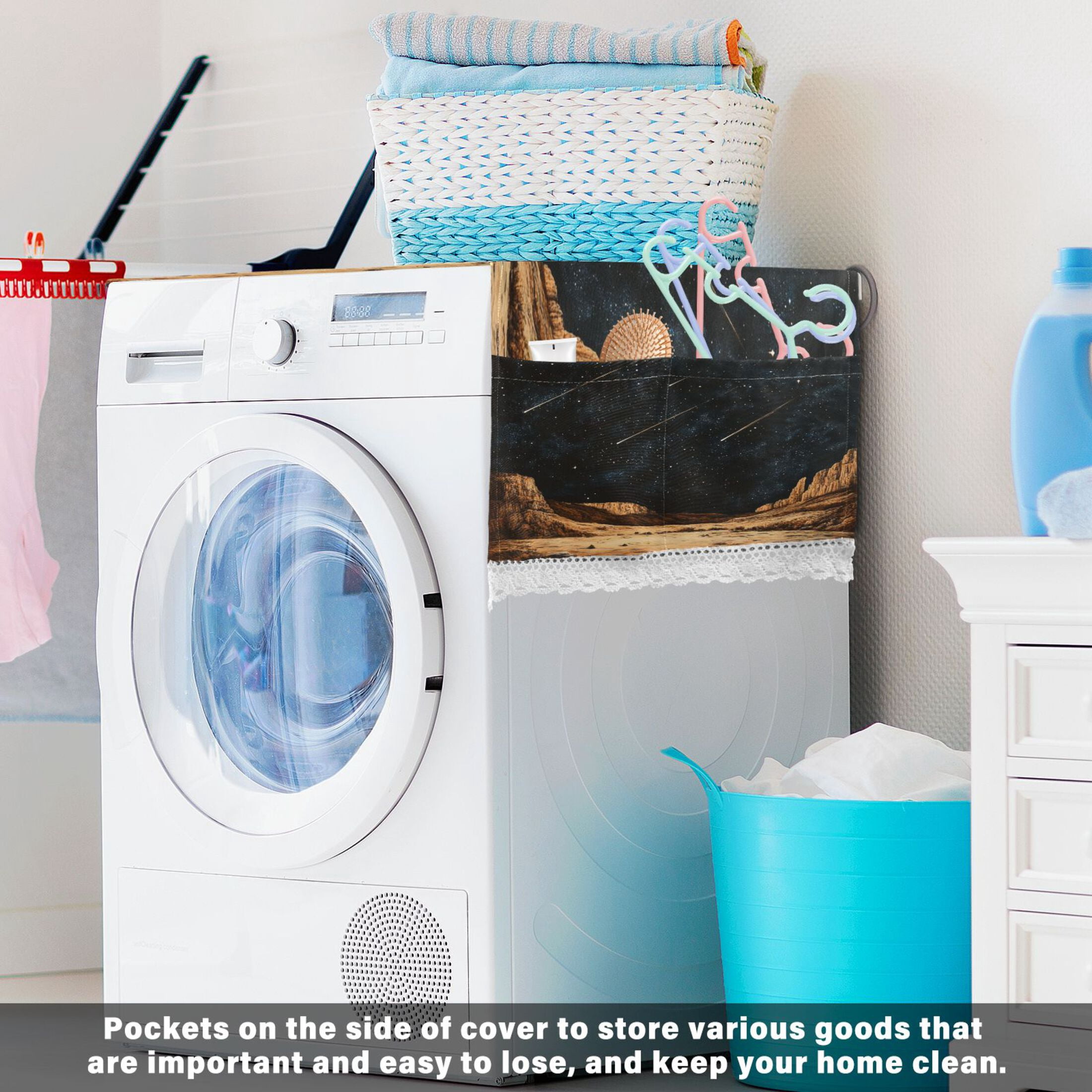 MeteorWasher and Dryer Covers Dust-Proof and Oil Resistant Fridge Cover with 4 Storage Pockets Washing Machine Top Cover for Laundry Kitchen Home 51.2 x 22 In