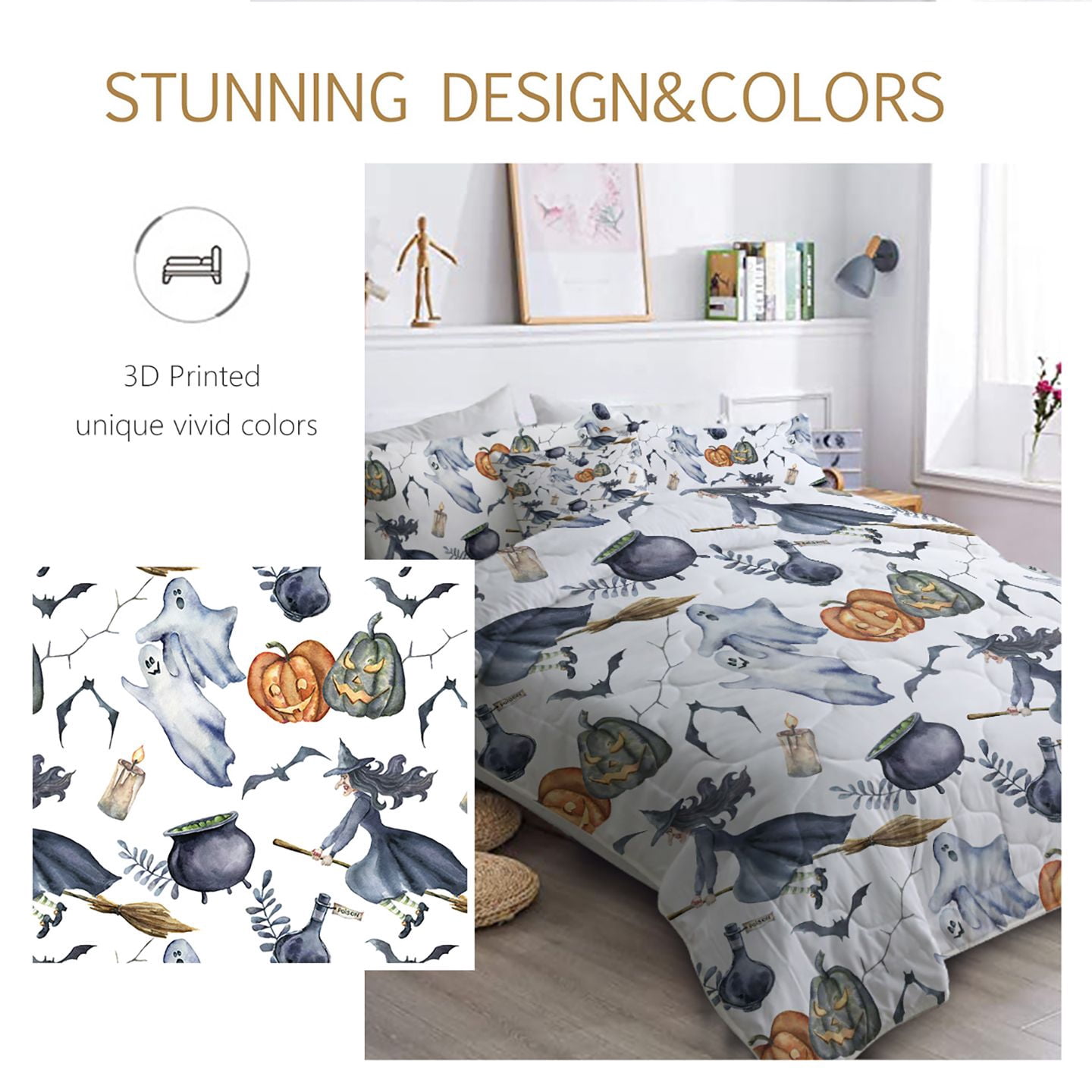 8-Piece Halloween Comforter Set Witch Pattern Bed-in-a-Bag with Sheet Shams Cushion Covers