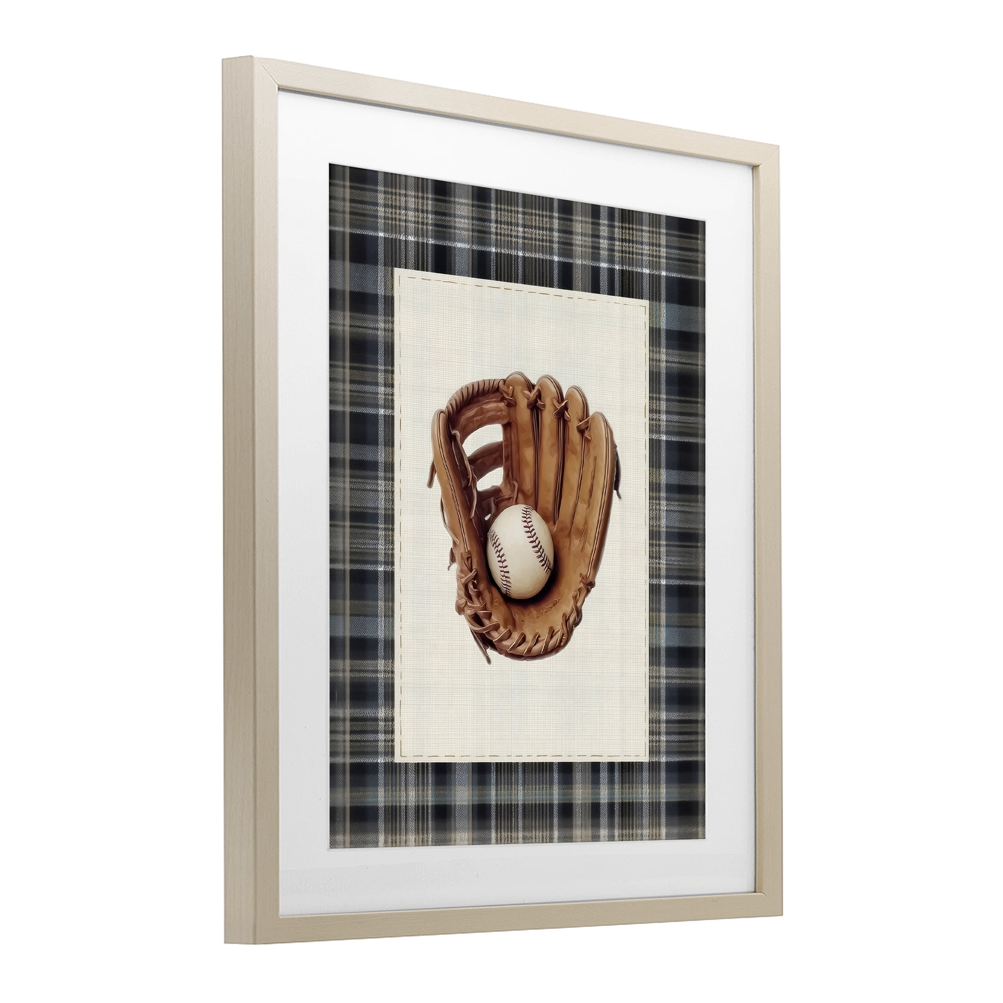 Stupell Industries Baseball Glove with Plaid Birch Framed Print Under Glass, design by Arlington Prints