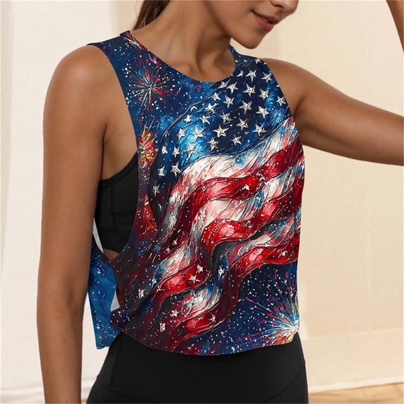 Jsaierl 4th of July Tank Tops for Women Casual Patriotic USA Flag Pattern Tees Loose Fit Sleeveless T Shirts Cami Athletic Round Neck Tanks S-XXL