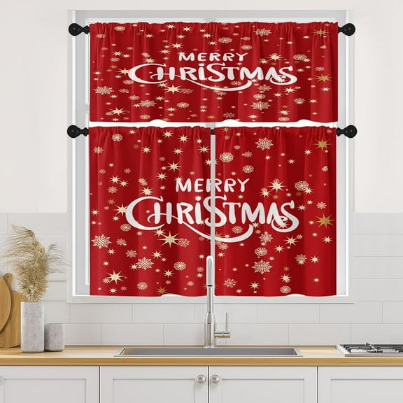 Christmas Snowflakes Gold Kitchen Curtains Window Curtains and Valances Set 36 Inch, Happy Retro Winter Snow Xmas Red Short Tier Curtain for Kitchen, Merry Christmas Small Kitchen Decor