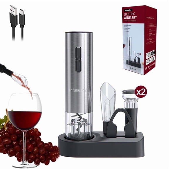 Electric Wine Opener Set Stainless Steel USB Charging Includes 2 Stoppers Foil Cutter Wine Pourer