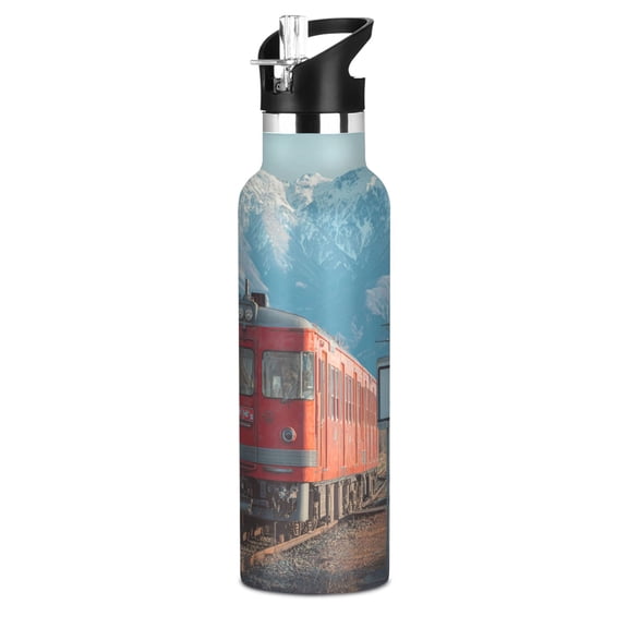 600ml Stainless Steel Water Bottle with Straw/Handle Bike Water Bottle, The Red Train Printed