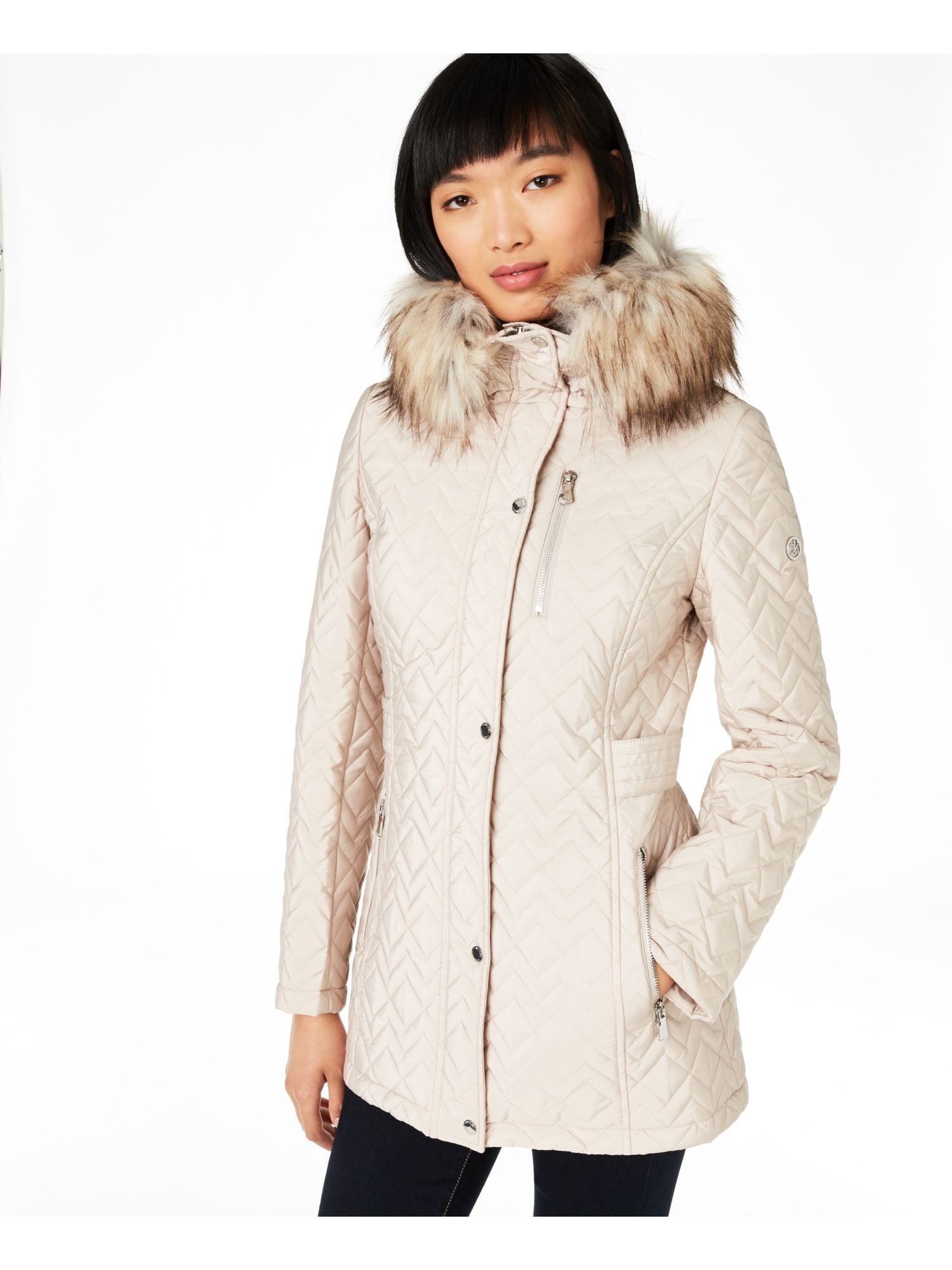 Calvin klein quilted faux fur hooded coat outlet