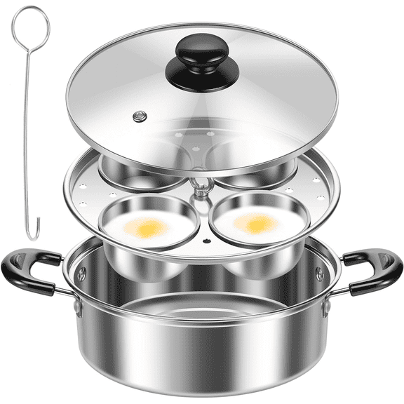 Ihvewuo Egg Poacher Stainless Steel Poached Egg Maker Pot Egg Poaching Pan with 4 Cups Poached Egg Cooker Pot Multipurpose Stovetop Egg Poacher Pot for Induction Cooktop Gas Cooktop 8.66X7.87X2.68in