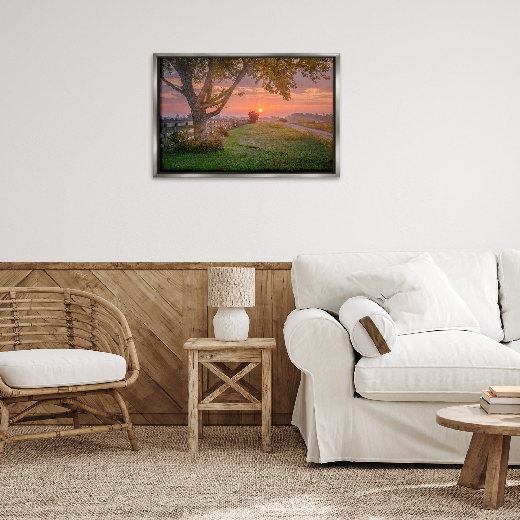 Stupell Industries Bold Sunrise in Countryside Landscape & Nature Photography Gray Floater Framed Canvas Art Print Wall Art, 31 x 21