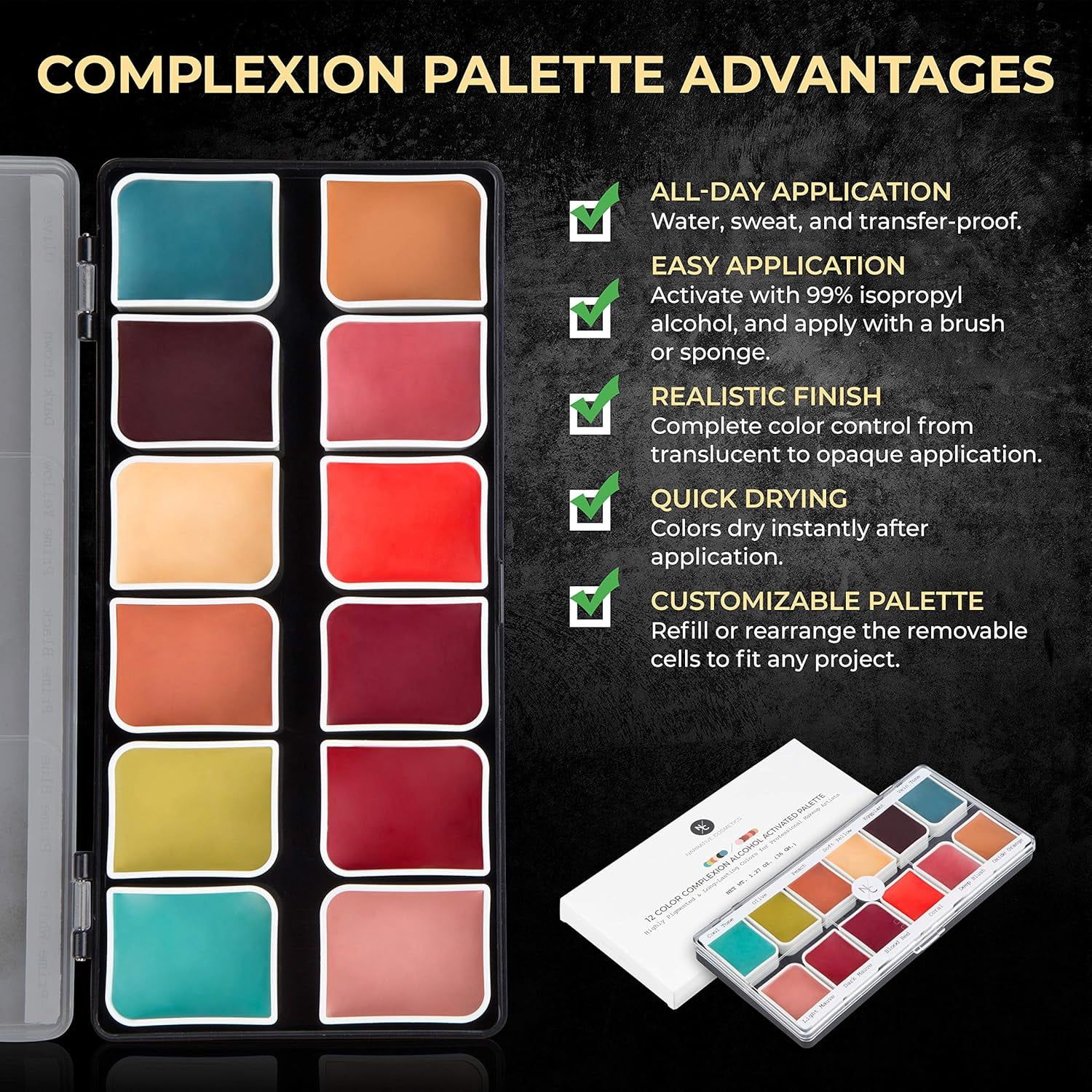 Narrative Cosmetics Complexion Alcohol-Activated Palette, Activator, and Remover Kit, Professional SFX Makeup Set