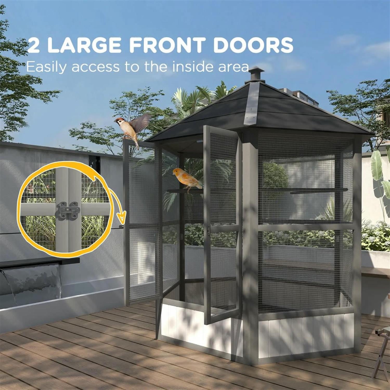 Demi Bonn 69" Height Wooden Outdoor Flight Bird Cage Aviary with Covered Roof for Parrots Conures Lovebird Cockatiel Parakeets, Gray