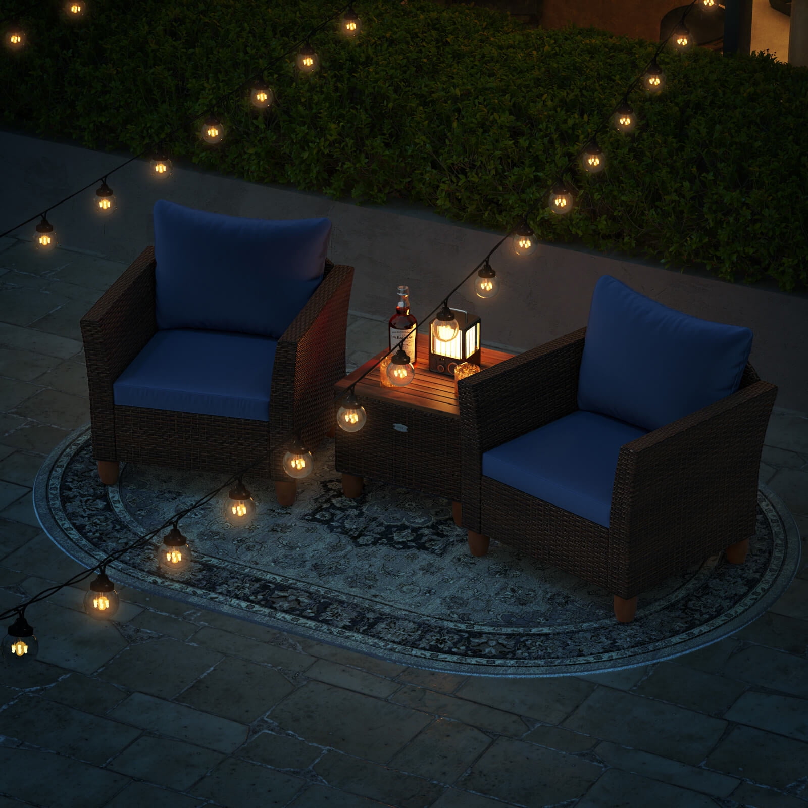 Costway 3 PCS Outdoor Patio Rattan Bistro Furniture Set Wooden Table Top Cushioned Sofa Navy