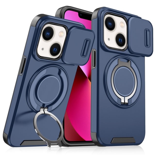 Case for iPhone 13 6.1-inch, Built In Slide Camera Cover & Rotatable Kickstand Sliding Ring Heavy Duty ShockProof Protective Case for iPhone 13,Blue,For iPhone 13