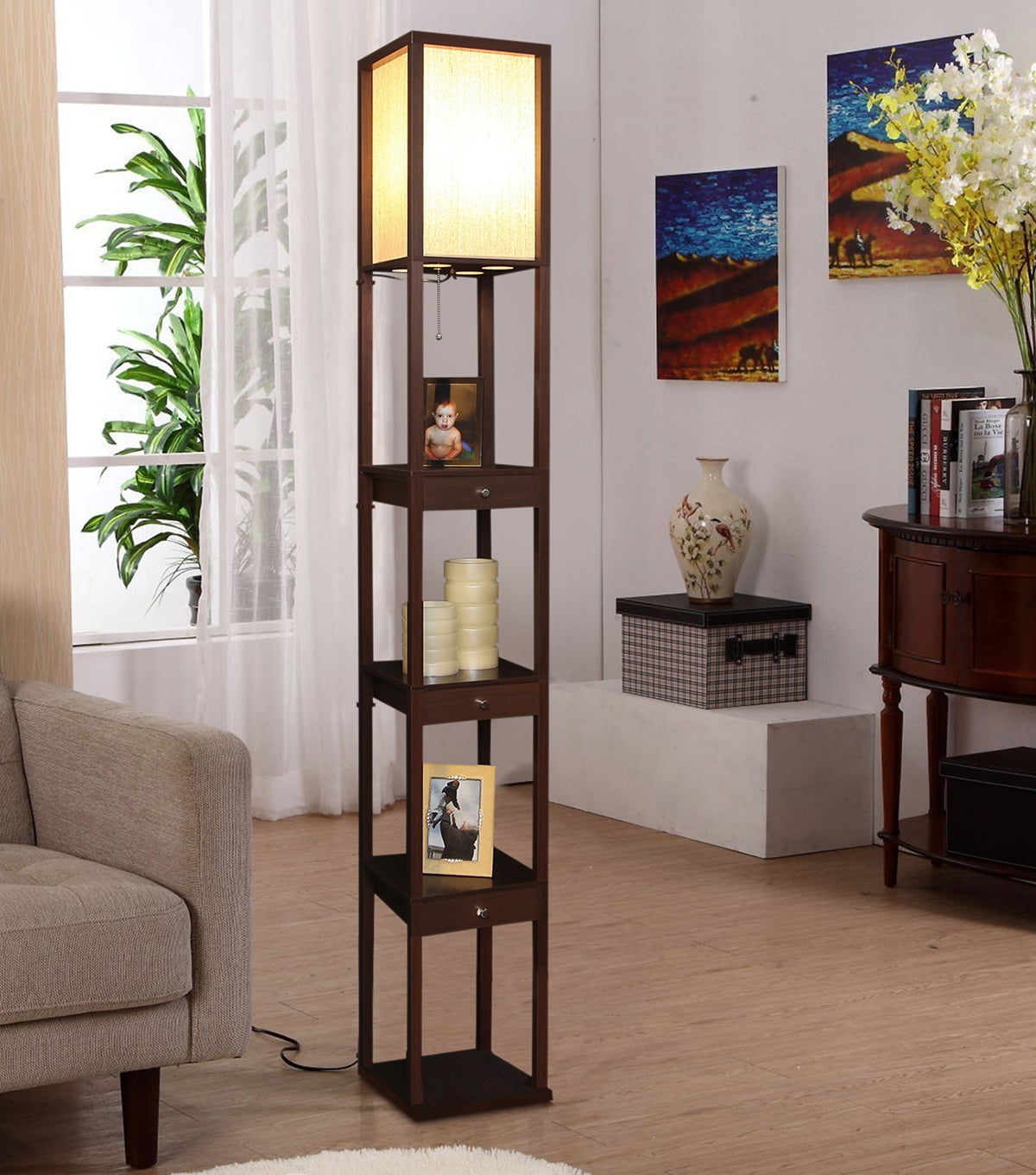 Brightech Maxwell Standing Tower Floor Lamp w/ Shelves and Drawers, Havana Brown