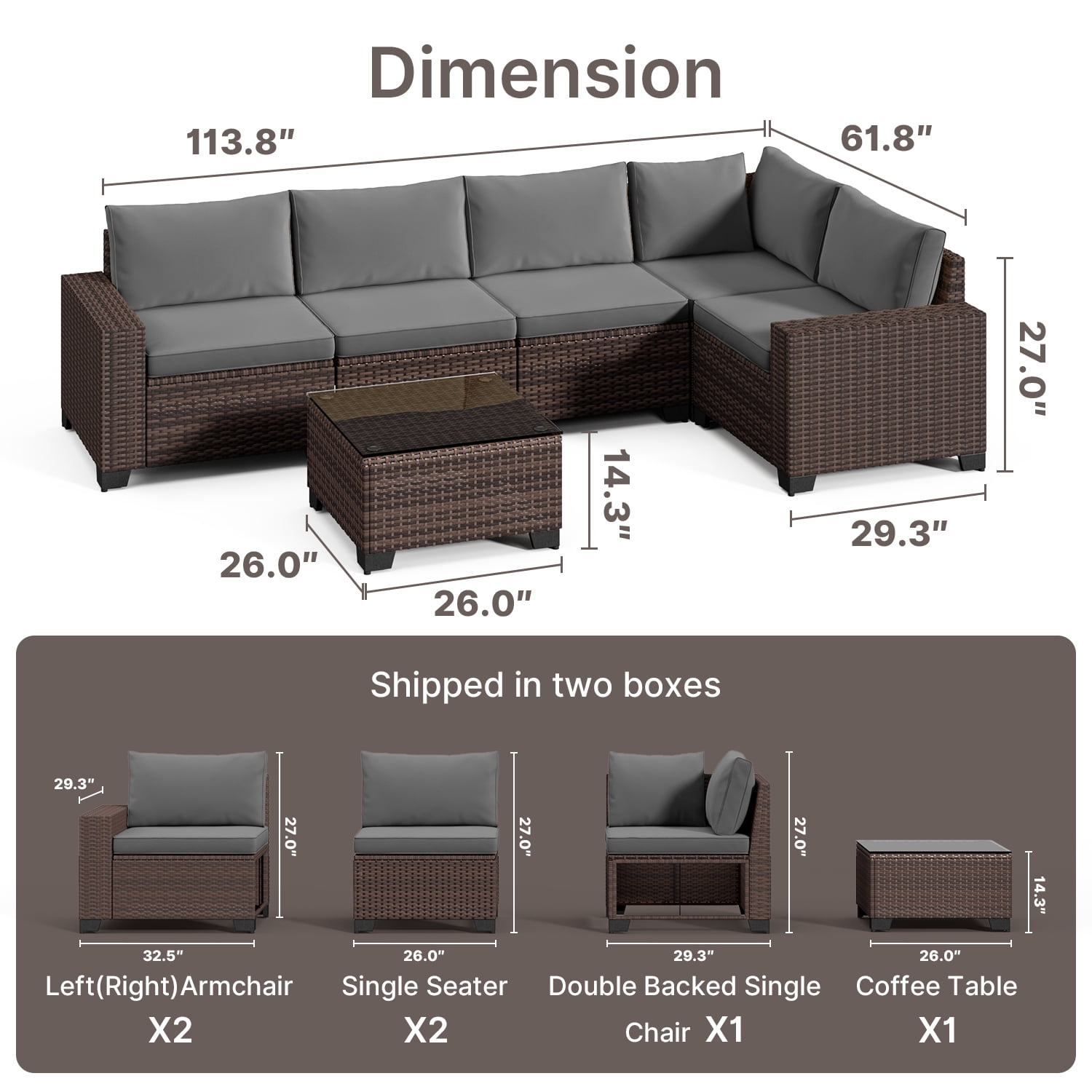 Asofer 6 Piece Outdoor Patio Conversation Sets，Spacious Patio Sectional Furniture Set with Adjustable Raised Feet，Thicken Cushions and A Coffee Table for Courtyard,Poolside,Party,Gray