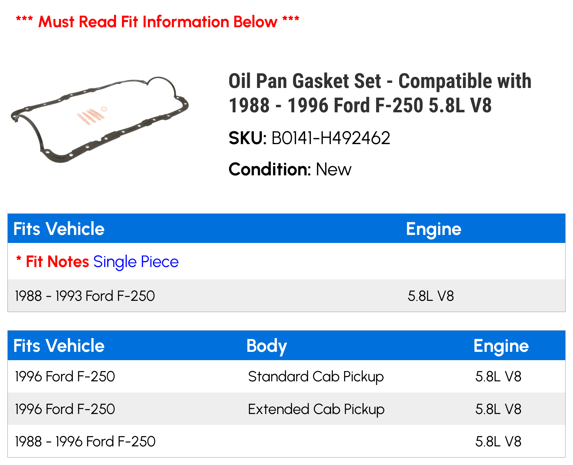 Oil Pan Gasket Set - Compatible with 1988 - 1996 Ford F-250 5.8L V8 1989 1990 1991 1992 1993 1994 1995