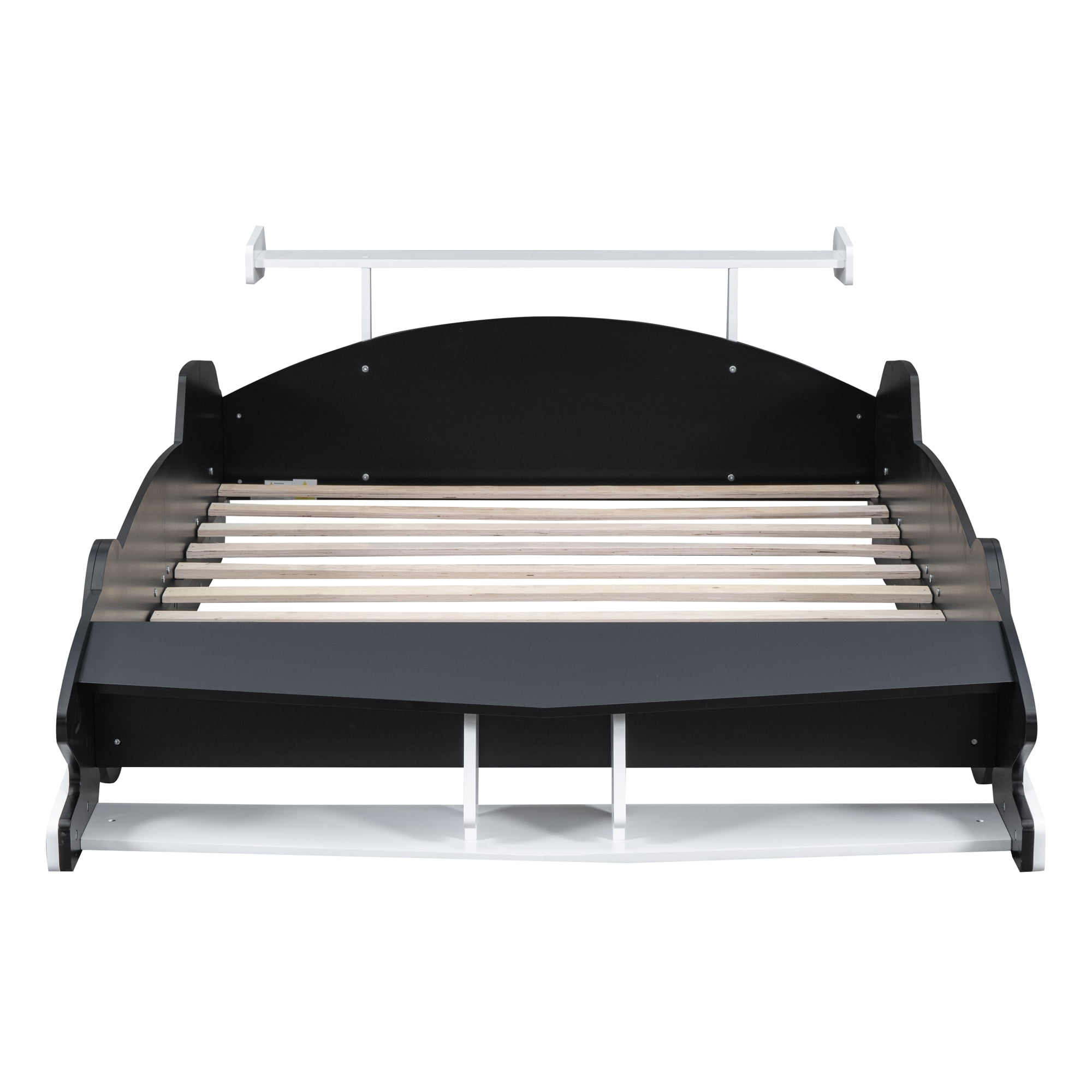 Kumix Full Size Race Car-Shaped Platform Bed with Shelves and Wheels, Wooden Platform Bed for Boys and Girls, Car-Shaped Floor Bed Frame for Bedroom, Full Size Floor Bed, Black
