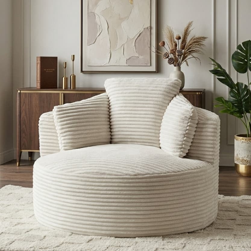 Aukfa Modern Corduroy Round Accent Chair, Compressible Chaise Lounge for Living Room & Bedroom, No Assembly,Beige