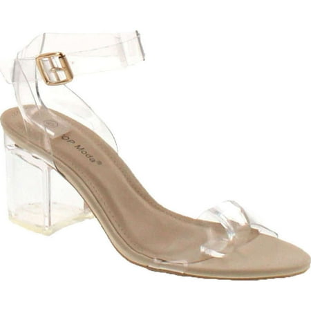 

Top Moda Womens Lucite Clear Strappy Block Chunky High Heel Open Peep Toe Sandal Beige 6.5