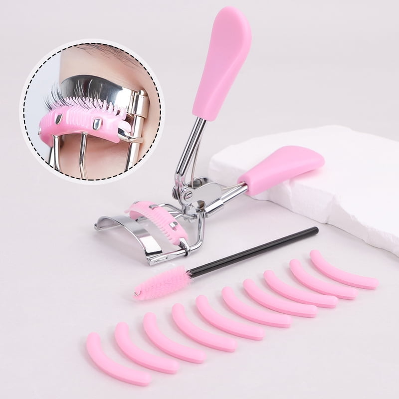Pink stainless steel comb with 10PCS silicone pads and 1PC pink spiral comb for eyelash extension, portable eyelash curler