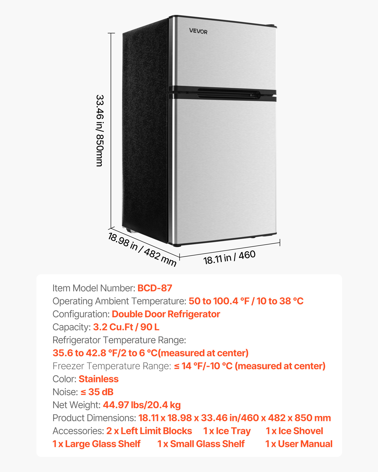 VEVOR Mini Fridge with Freezer, 3.2 Cu.Ft, Two Door Compact Refrigerator, Adjustable Temperature, Shelf, Energy Efficient Small Fridge, Reversible Door, Low Noise,for Bedroom,Dorm,Office,Stainless