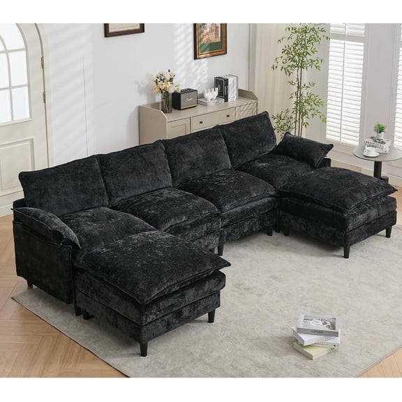 Newest Modular Sofa,U Shaped Cloud Couch Comfy Set ,6-Seater, 2 Armrest Pillows,Convertible Sectional Couch, Living Room,Apartment, Chenille(2 Movable Ottoman),Black