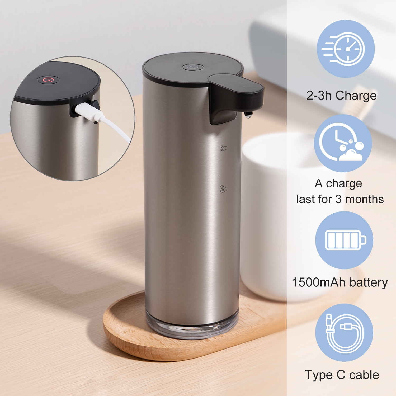 Lococo Soap Dispenser, Rechargeable Automatic Soap Dispenser Stainless Steel Touchless Foaming Soap Dispenser for Bathroom Auto Hand Soap Dispenser for Kitchen, Xmas Gift,9oz