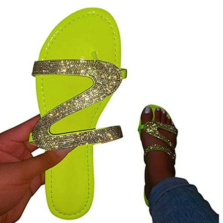 

VeliToy Shiny Flat Sandals for Women Casual Summer Beach Travel Slipper Toe Post Flip Flop PU Layer Rubber Sole(Light Green 36)