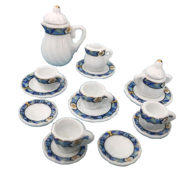 Juego de té en miniatura Dollhouse de cerámica a escala 1:12 de 15 piezas