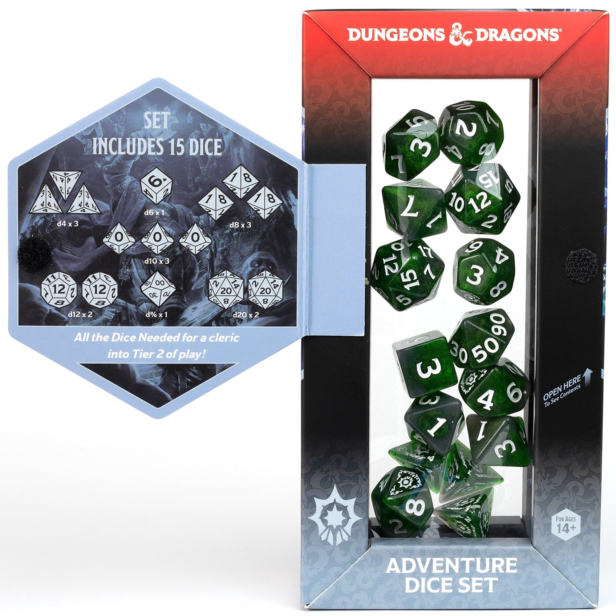 Dungeons & Dragons: D&D Adventure Dice: Cleric - Green - 15pc RPG Die Set, Class Symbols, Roleplaying Game Accessory, Sirius Dice, Officially Licensed