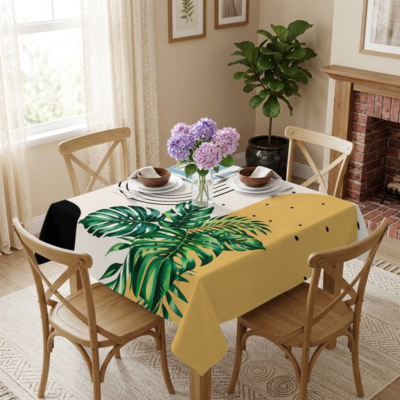 Abstract Boho Arched Lines Square Tablecloth 60x60 Inch Green Monstera Leaves Orange Blue Waterproof Polyester Table Cover, Washable Stain Resistant Tablecloth for Dining Table Kitchen Wedding