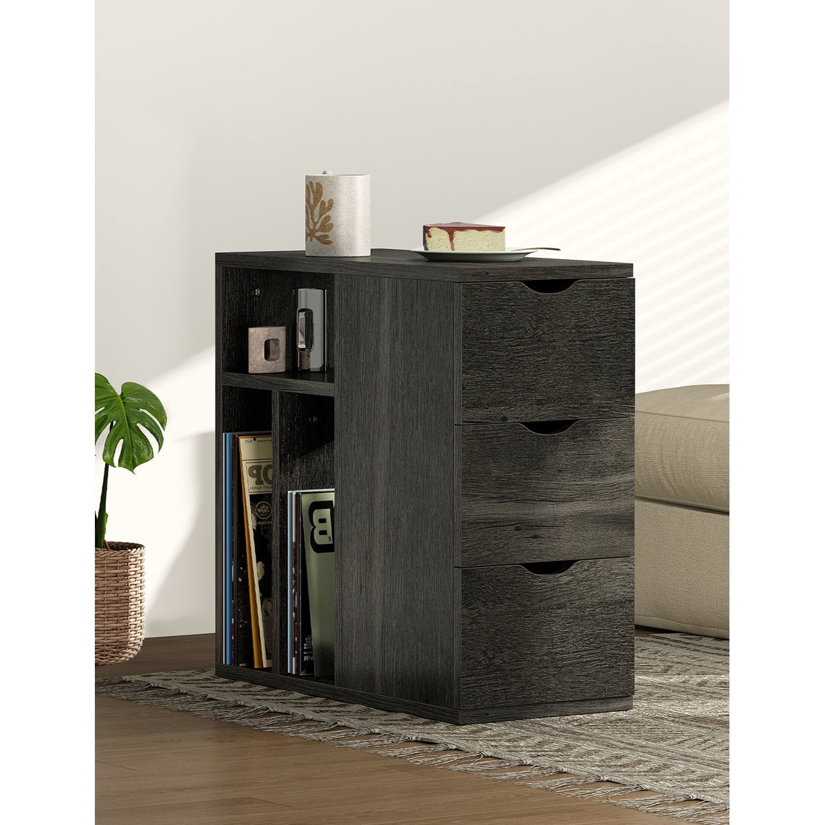 Vividwood Narrow End Table with 3 Drawers and Storage Shelves for Living Room, Bedroom, Black