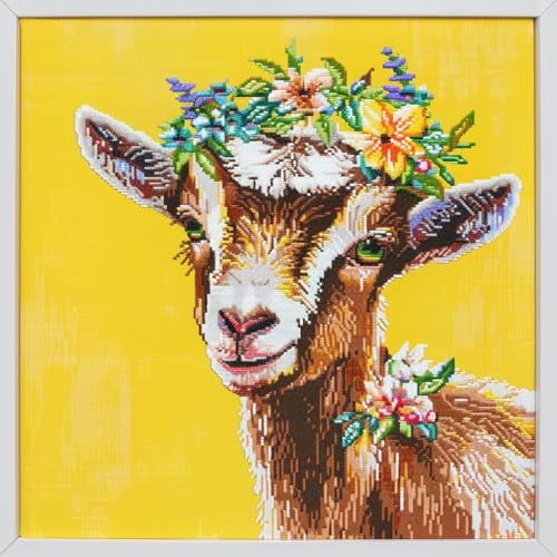 Cute Brown Goat with A Floral Wreath DIY 11CT Stamped Cross Stitch Kits for Beginners Easy Needlepoint Embroidery Counted Cross Stitch Art Craft for Wall Decoration 14x14inch(2)