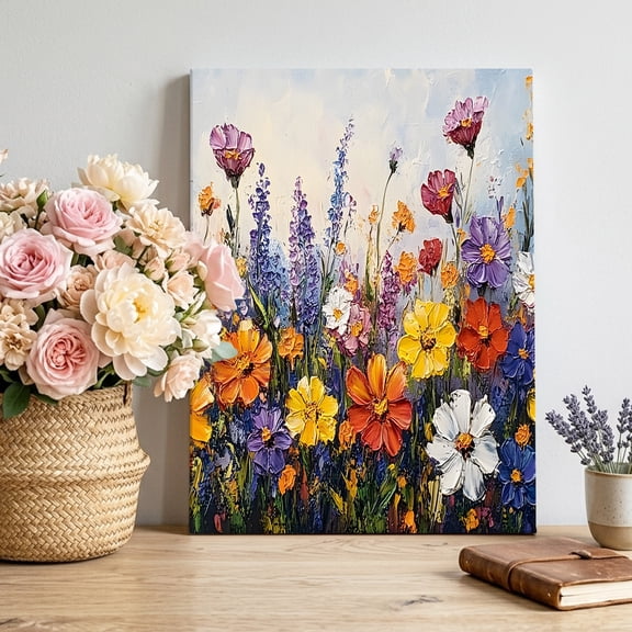 Spring Florals Canvas Wall Art Framed Wall Decor for Living Room Bedroom Bathroom, Oil Painting Colorful Lavender Floral Canvas Pictures Ready to Hang Decor, 16"x20"