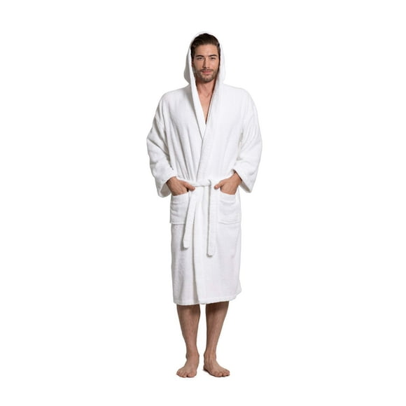 Turkuoise Men's Turkish Terry Cloth Robe, Thick Hooded Bathrobe (White, Large)