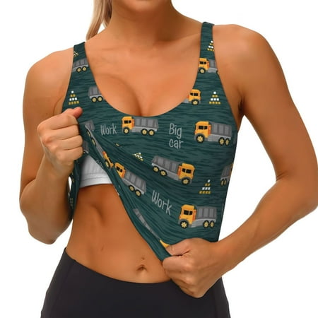 Qokaie Machine Pattern Womens Scoop Neck Sports Bra Breathable Workout Vest Padded U Back Medium Impact Fitness Gym Yoga Bra Workout Crop Top