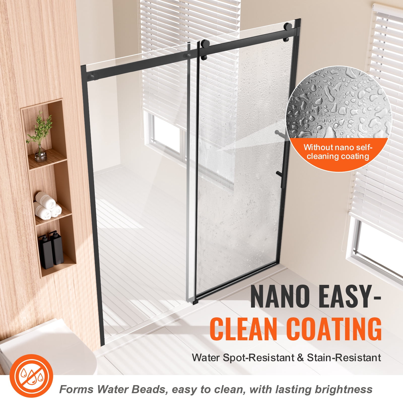 KFFKFF Frameless Sliding Shower Door, 58-59 W x 75 H in, Clear 5/16 in (8mm) Tempered Glass with Stainless Steel Components, Matte Black Finish, Waterproof and Easy to Clean
