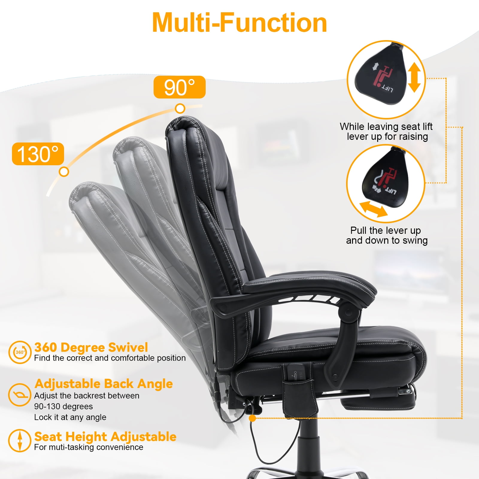 Executive Reclining Computer Desk Chair with Footrest, Headrest and Lumbar  Cushion Support Furniture, MR34 Grey Fabric