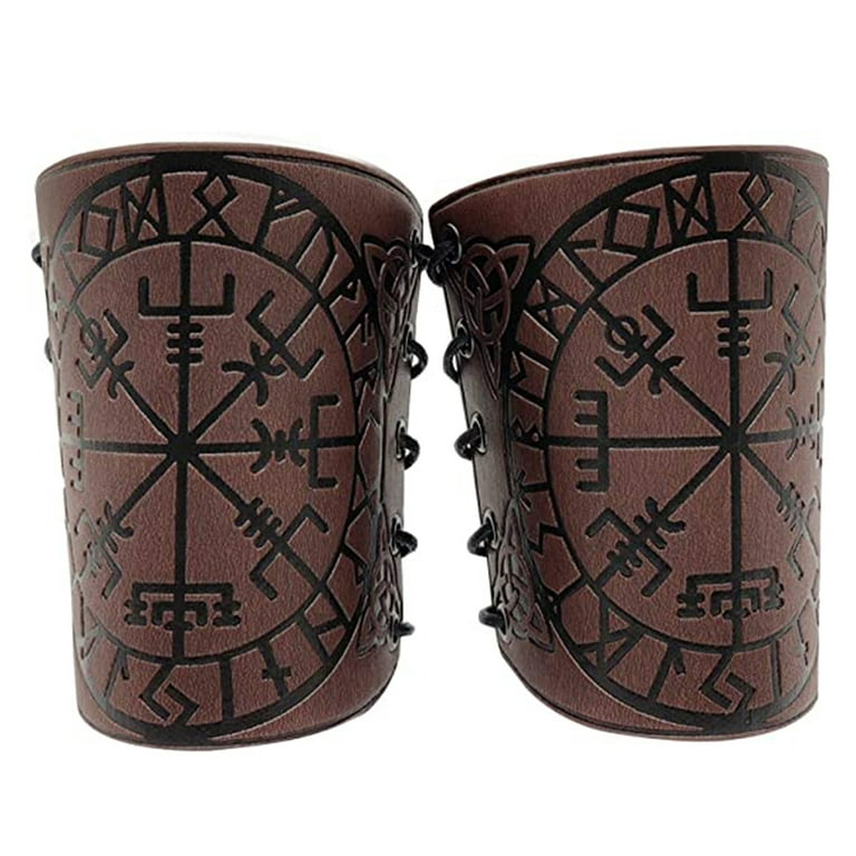 CANKER 1 Pair Nordic Viking Vegvisir Embossed Arm Bracers Medieval PU Leather  Arm Guards Viking Leather Bracers Cosplay Jewelry 