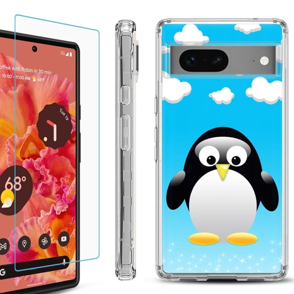 Shockproof Bumper Phone Case for Google Pixel 7, with Tempered Glass Screen Protector, by OneToughShield ® - Penguin