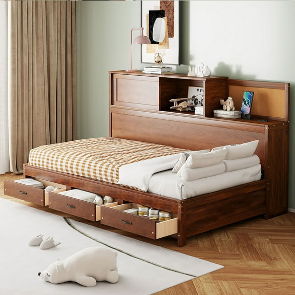 Twin Size Wooden Daybed with 3 Storage Drawers, Upper Soft Board, shelf, and a set of Sockets and USB Ports, Walnut