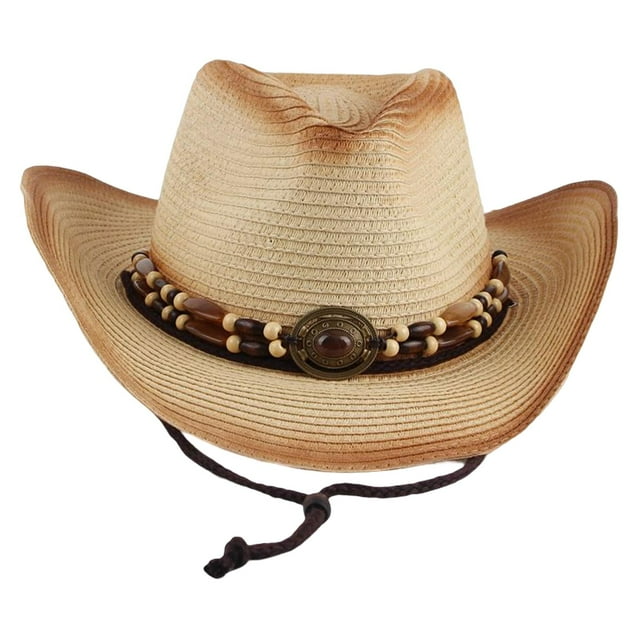 Western Cowboy Hat Paper Straw with Windproof Rope Beach Hat with Beads Belt for Outdoor Beige