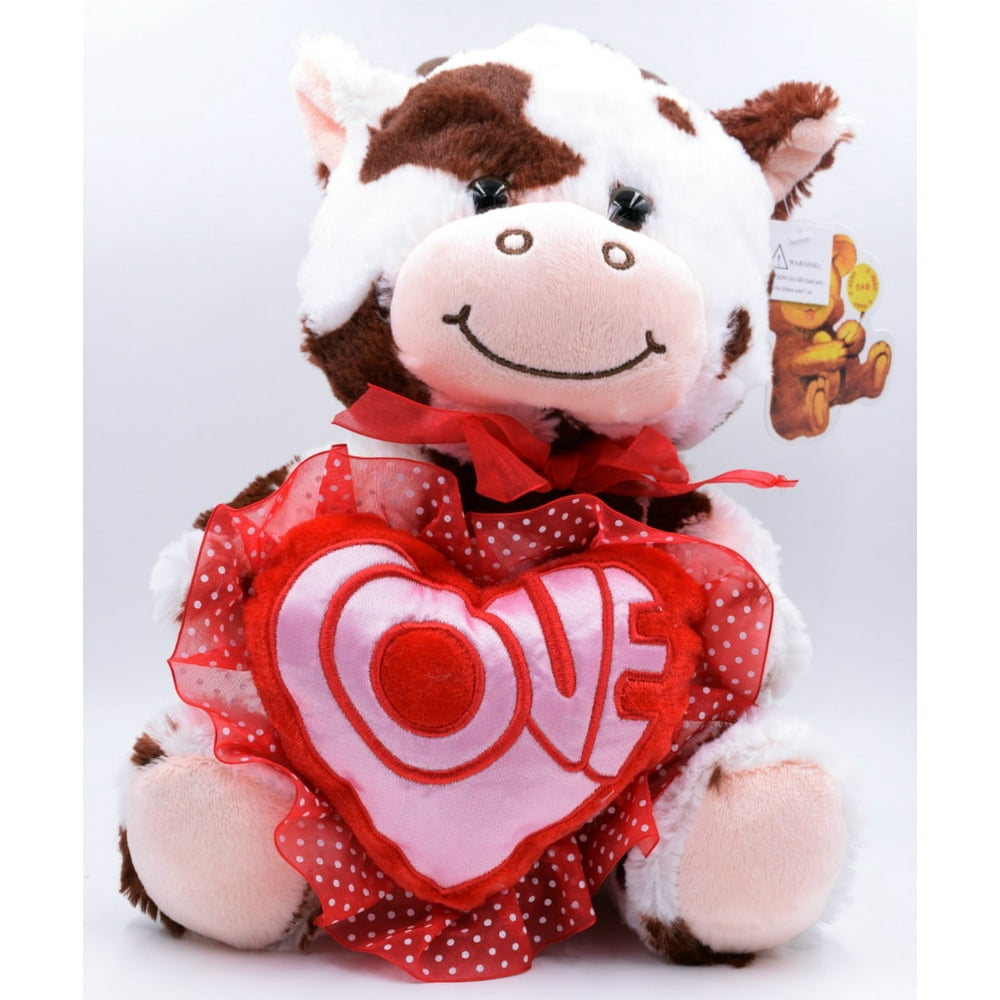 Valentine's Day 10.5" Cow White & Brown Light up Plush Holding A Heart