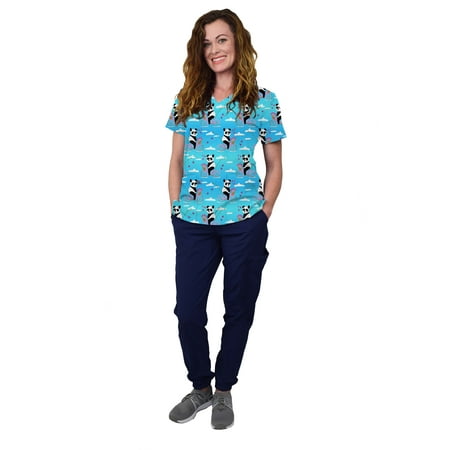 

Womens Medical Nursing Scrub Set GT 4FLEX Print Top and Jogger Pant-Panda Cycle/Navy Pant-Large