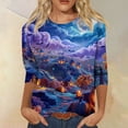 thumbnail image 2 of Halloween Themed Women's 3/4 Sleeve T-Shirt, Spooky Night Landscape Print, Comfortable Casual Top, Unique Holiday Apparel Halloween Tops for Women, 2 of 3
