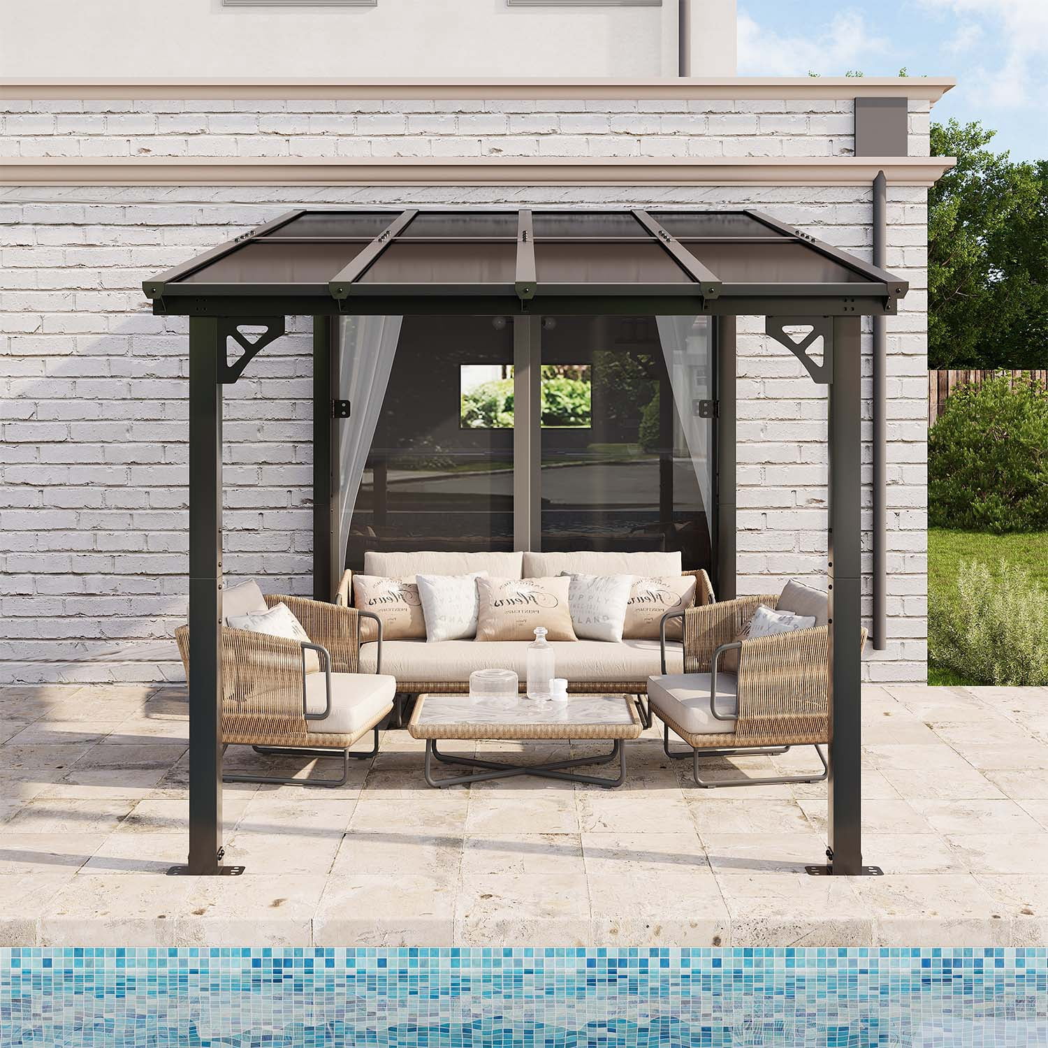 BaPiPro 8'x10' Hardtop Gazebo with Aluminum Frame & Polycarbonate Panel, Wall Mounted Gazebos Lean to Pergola, Outdoor Patio Grill Gazebo for Backyard, Garden, Deck