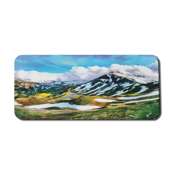 Mountain Computer Mouse Pad, Watercolor Artwork Print of a Mountain Range Peaks Covered with Snow and Clouds, Rectangle Non-Slip Rubber Mousepad X-Large, 35" x 15", Multicolor, by Ambesonne