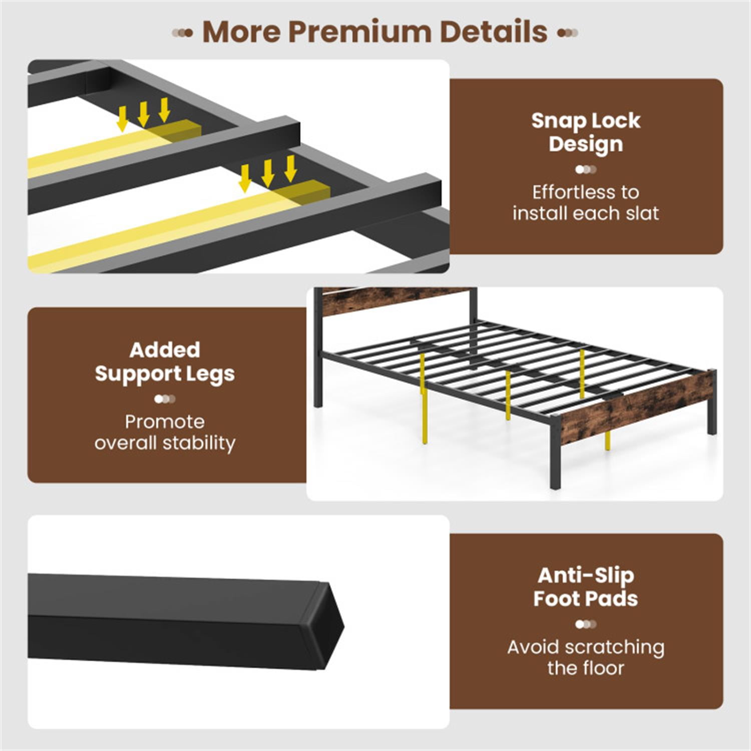 Demi Bonn Full Size Bed Frame with High Headboard and Mute Bar, Industrial Metal Platform Bed Frame with Under Bed Storage, No Box Spring Needed, Brown